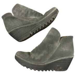 Fly London Women's Gray Suede Leather Side Zipper Wedges Ankle Boots 41 US 8